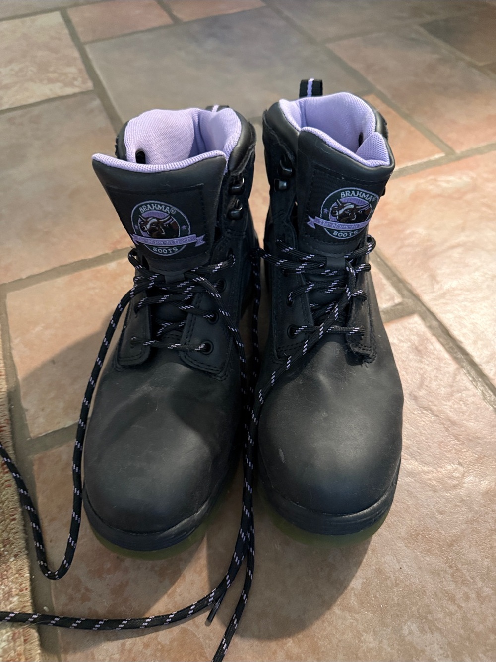 Brahma Black Lace-Up Women's Work Boots with Lavender Liner